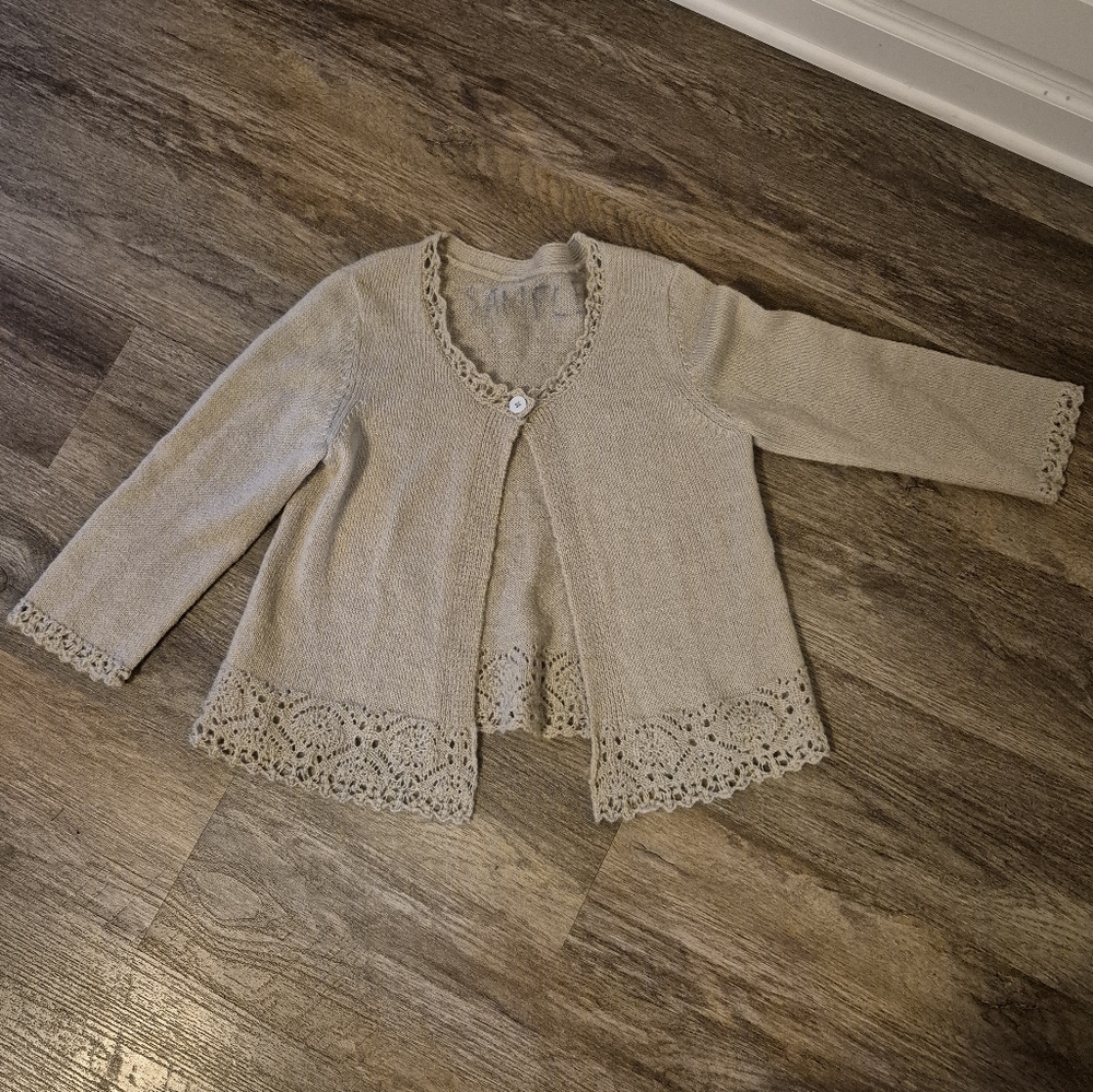Oatmeal Beige Crochet Lace Knit Cardigan Sweater Single Button Open Front